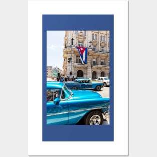 Blue Cars In Havana And Cuban Flag Posters and Art